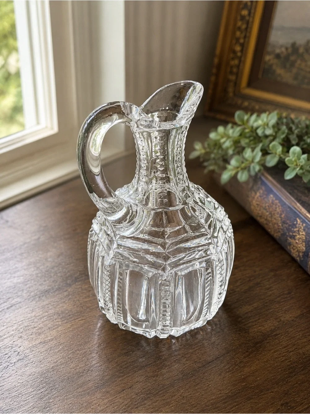 Antique EAPG Pressed Glass Pitcher Clear Heavy Cut Diamond Panel Pattern
